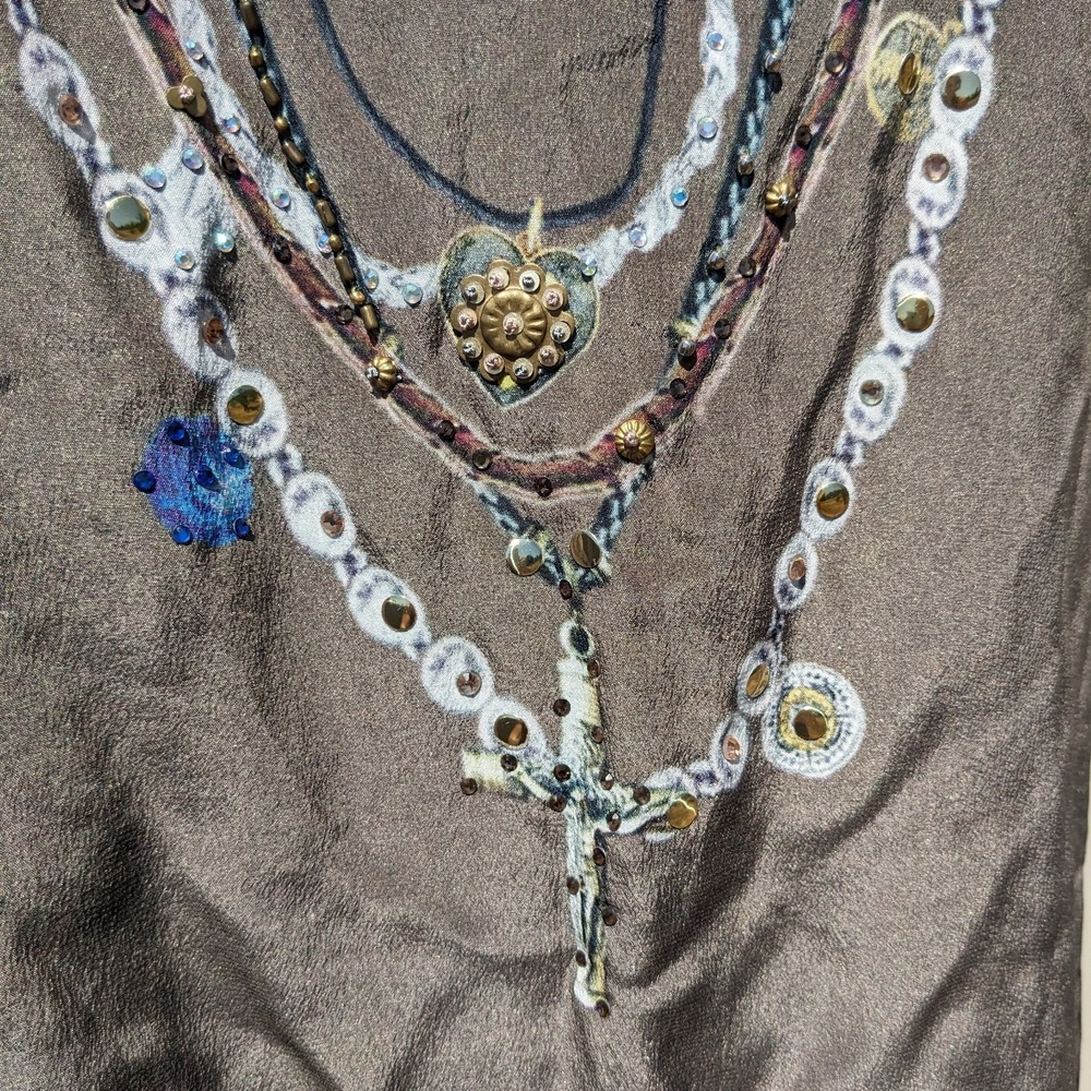 Camilla Embellished Silk Tunic Blouse L Gothic Studded Beaded Rosary Cross FLAW - Picture 4 of 16